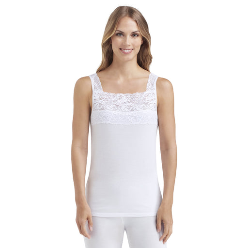 White;Model is wearing size S. She is 5’9”, Bust 34”, Waist 26”, Hips 36”.@A lady wearing white softech stretch lace detail cami.