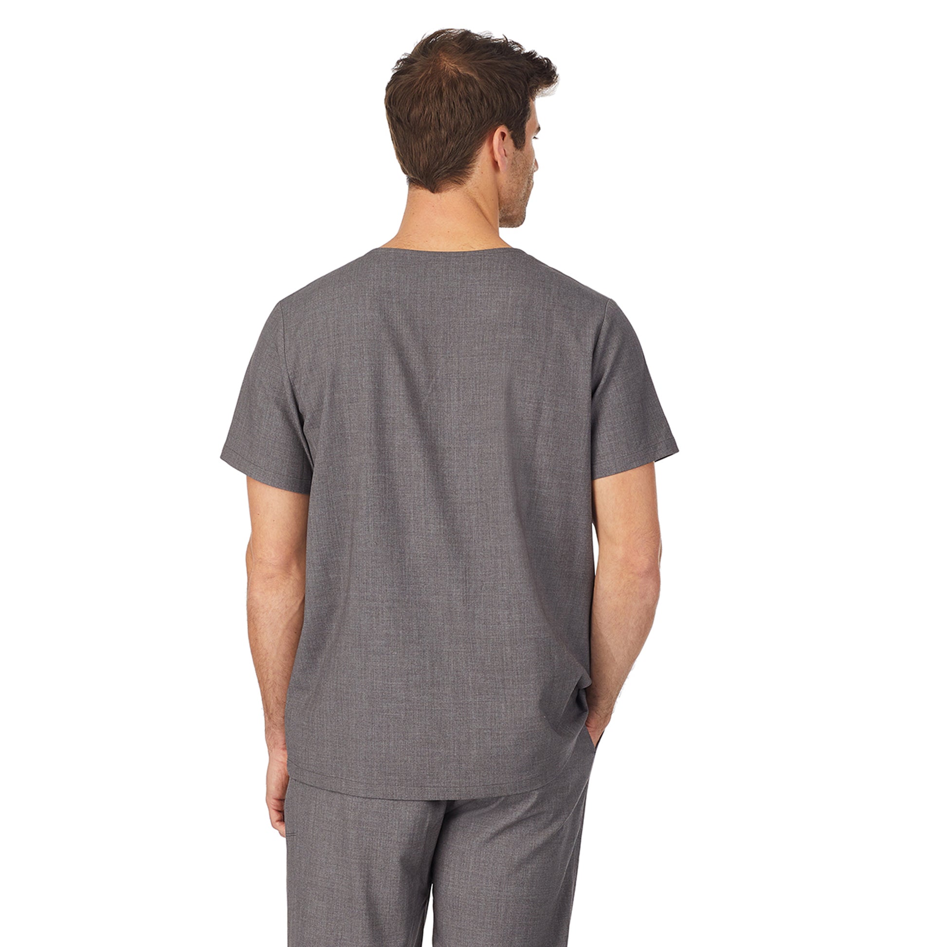 Charcoal Heather;Model is wearing size M. He is 6'2", Waist 32", Inseam 32".@A man wearing charcoal heather mens scrub v-neck top with chest pocket.