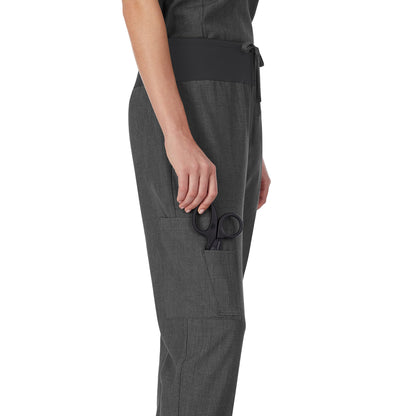 Charcoal Heather;Model is wearing size S. She is 5’9”, Bust 32”, Waist 23", Hips 34.5”.@A lady wearing Charcoal Heather  scrub jogger pant.