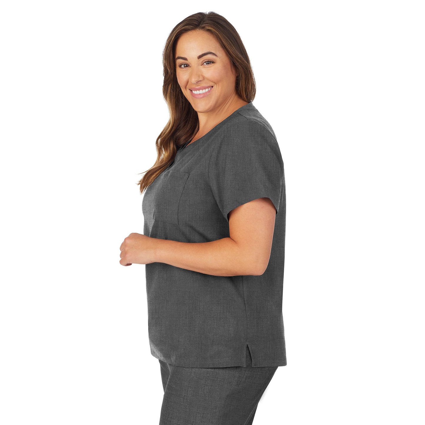 Charcoal Heather;Model is wearing size 1X. She is 5’9.5”, Bust 43”, Waist 37”, Hips 49.5”.@A lady wearing charcoal heather scrub v-neck top with chest pocket plus.