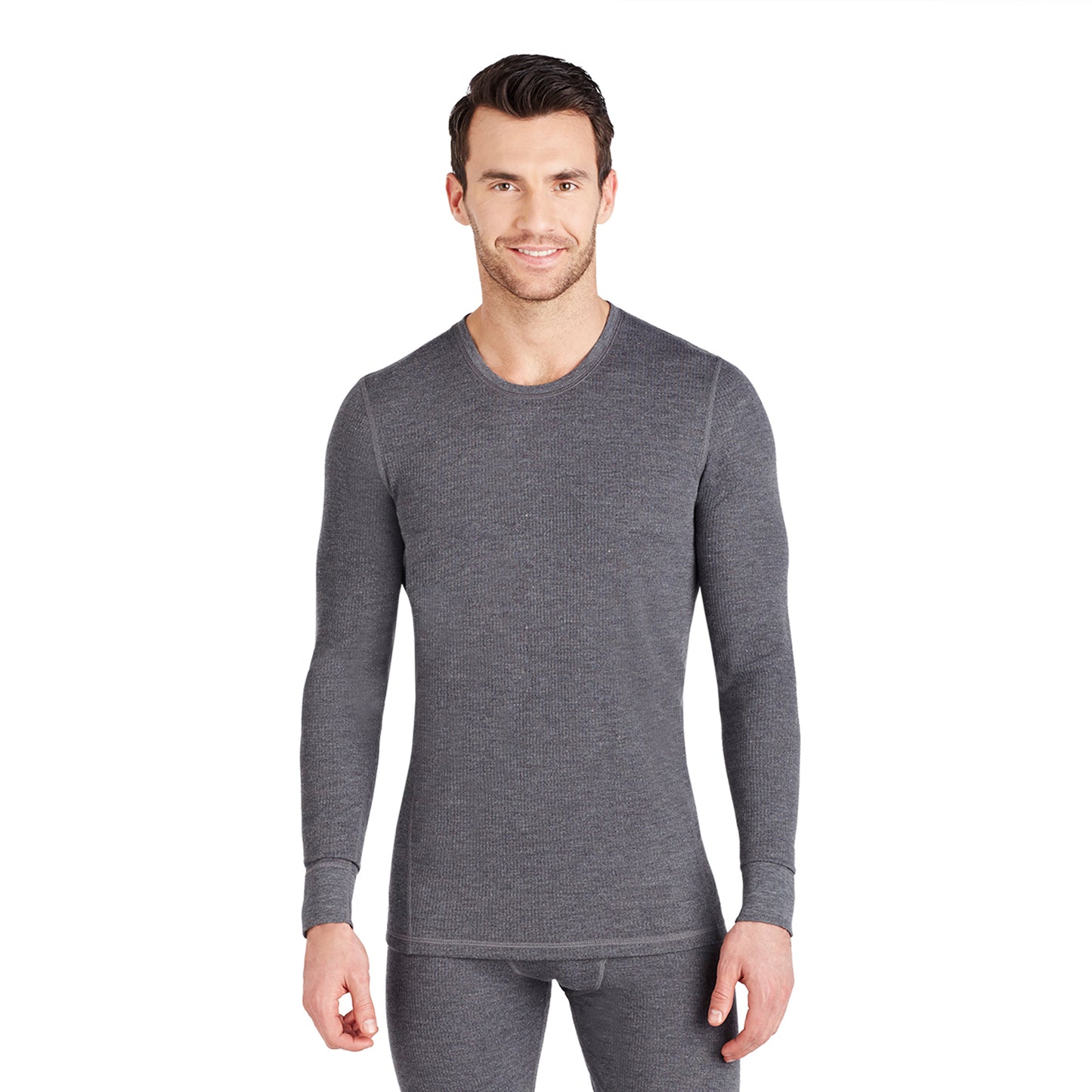 Charcoal Heather; Model is wearing size M. He is 5'11", Waist 32", Inseam 31".@Upper body of a man wearing long sleeve charcoal heather crew