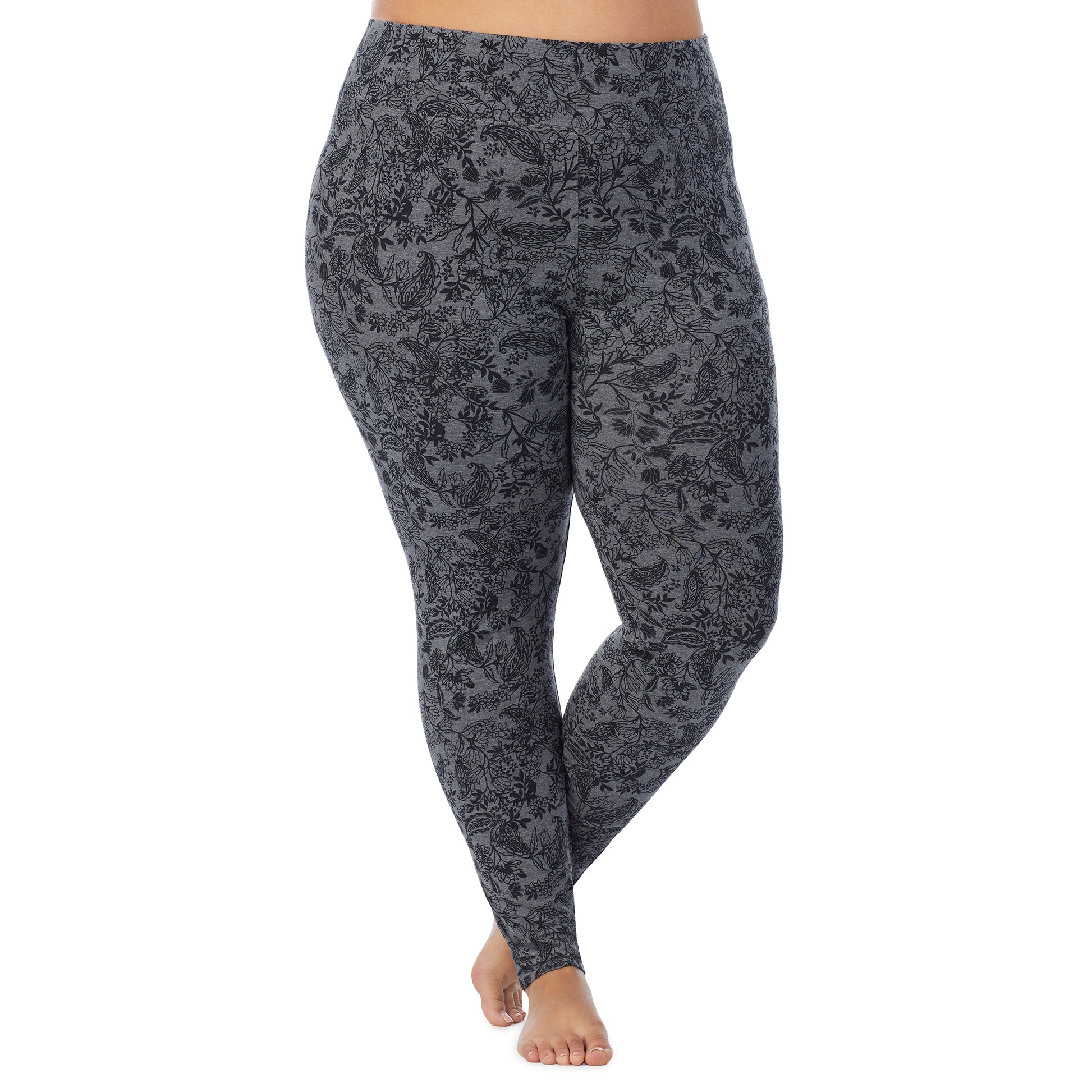  Heather Grey Paisley; Model is wearing size 1X. She is 5'9", Bust 38", Waist 36", Hips 48.5". @A lady wearing a heather grey paisley high waist legging plus.