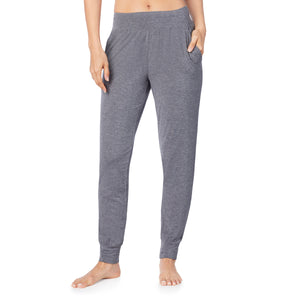 A lady wearing a charcoal heather jogger.