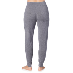 A lady wearing a charcoal heather jogger.