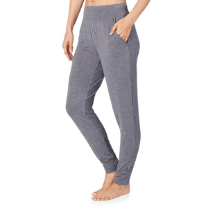 A lady wearing a charcoal heather jogger.