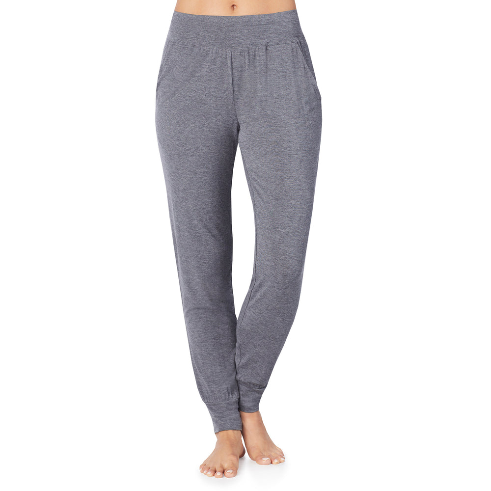 A lady wearing a charcoal heather jogger.