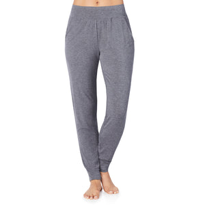 A lady wearing a charcoal heather jogger.