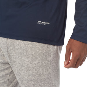  A lady wearingMens Short Sleeve Crew Neck and Short Pajama Set with Navy Sea Life print