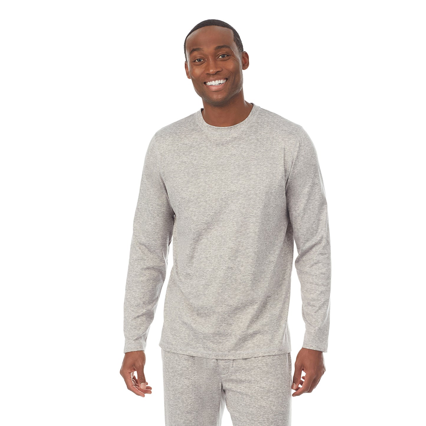 Grey Heather;Model is wearing size M. He is 6'1", Waist 30.5", Inseam 32".@ A lady wearingMens Far-Infrared Enhance Sleep Long Sleeve Crew Neck Top with Grey Heather print