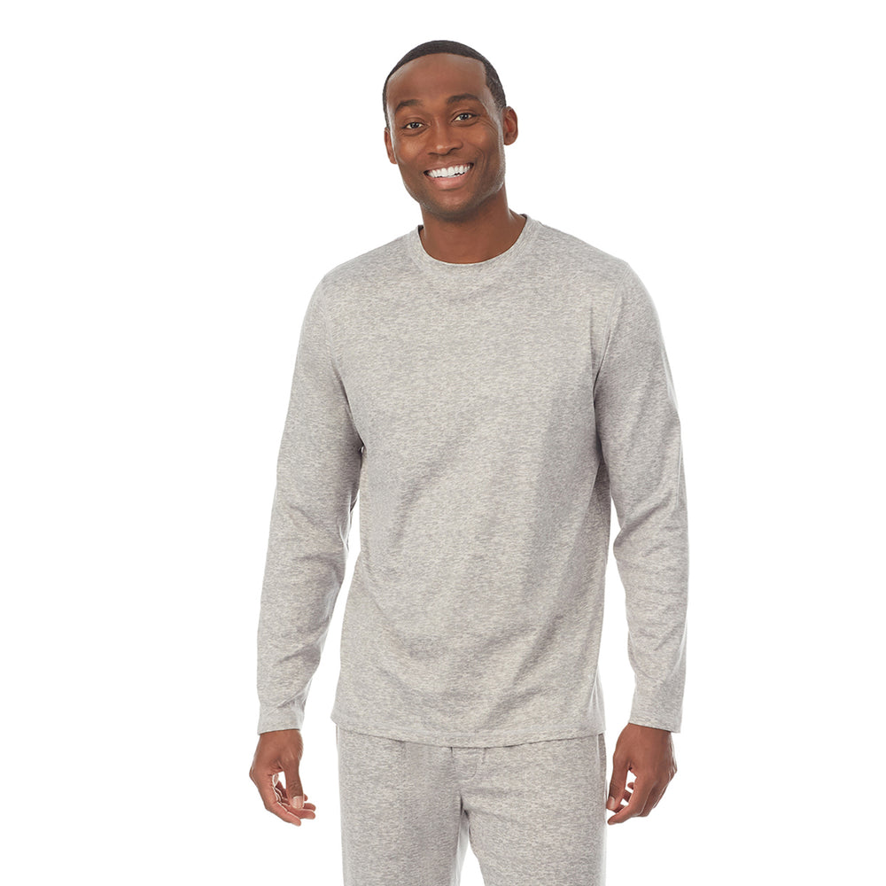 A lady wearingMens Far-Infrared Enhance Sleep Long Sleeve Crew Neck Top with Grey Heather print