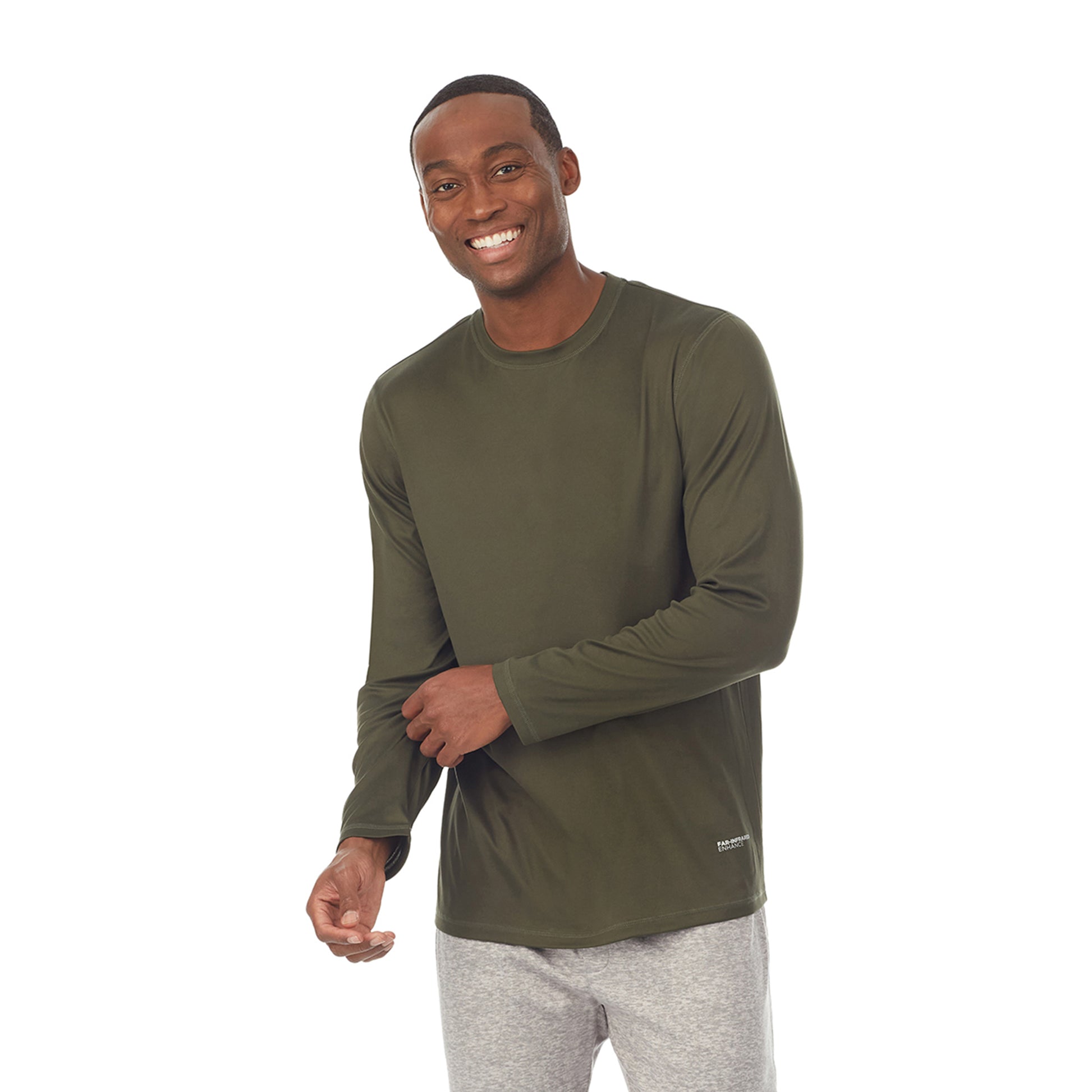 Olive;Model is wearing size M. He is 6'1", Waist 30.5", Inseam 32".@ A lady wearingMens Far-Infrared Enhance Sleep Long Sleeve Crew Neck Top with Olive print