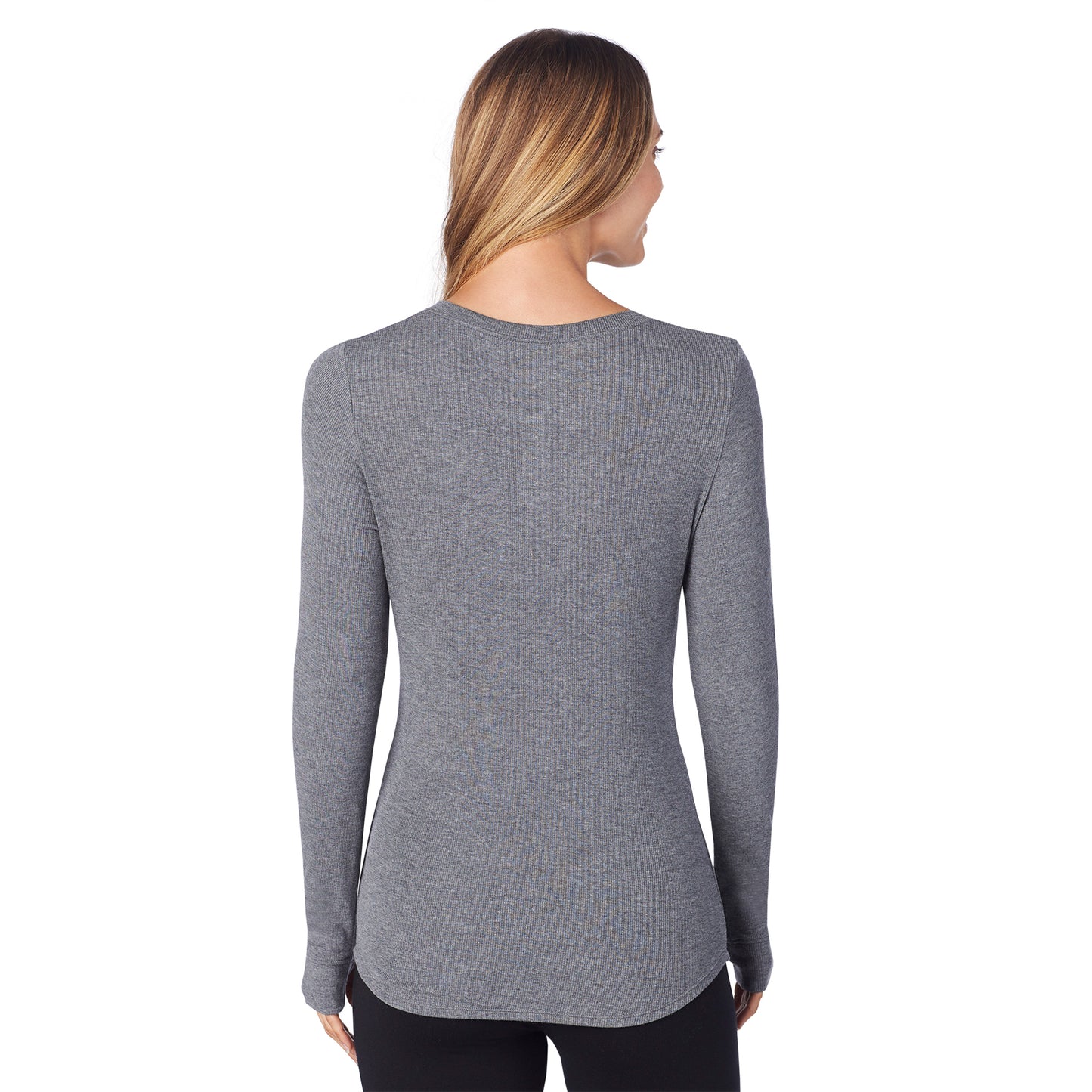 Charcoal Heather; Model is wearing size S. She is 5’9”, Bust 32”, Waist 25.5”, Hips 36”. @A lady wearing a charcoal heather ribbed long sleeve henley.