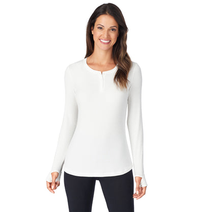 Ivory; Model is wearing size S. She is 5’9”, Bust 32”, Waist 25”, Hips 35”. @A lady wearing a ivory ribbed long sleeve henley.