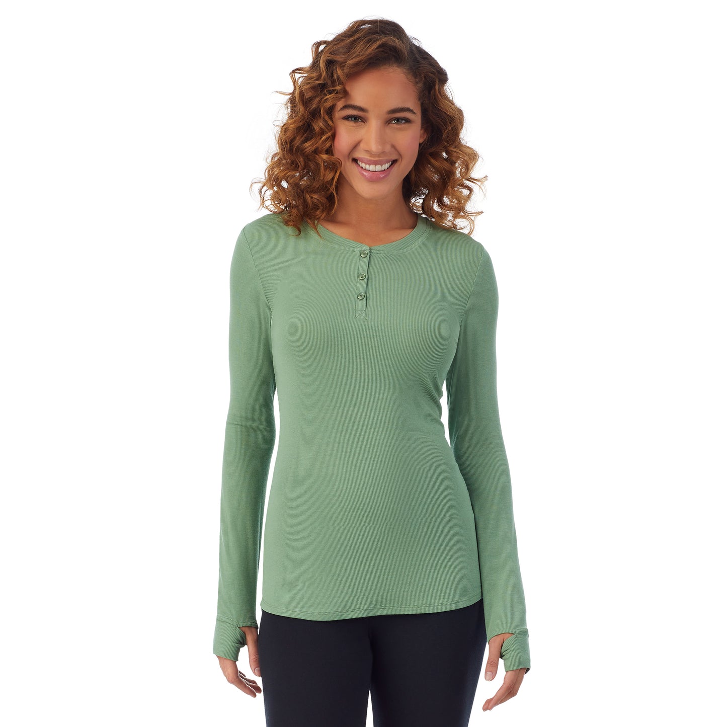 Seagrass Green; Model is wearing size S. She is 5’9”, Bust 34”, Waist 23”, Hips 35”. @A lady wearing a seagrass green ribbed long sleeve henley.