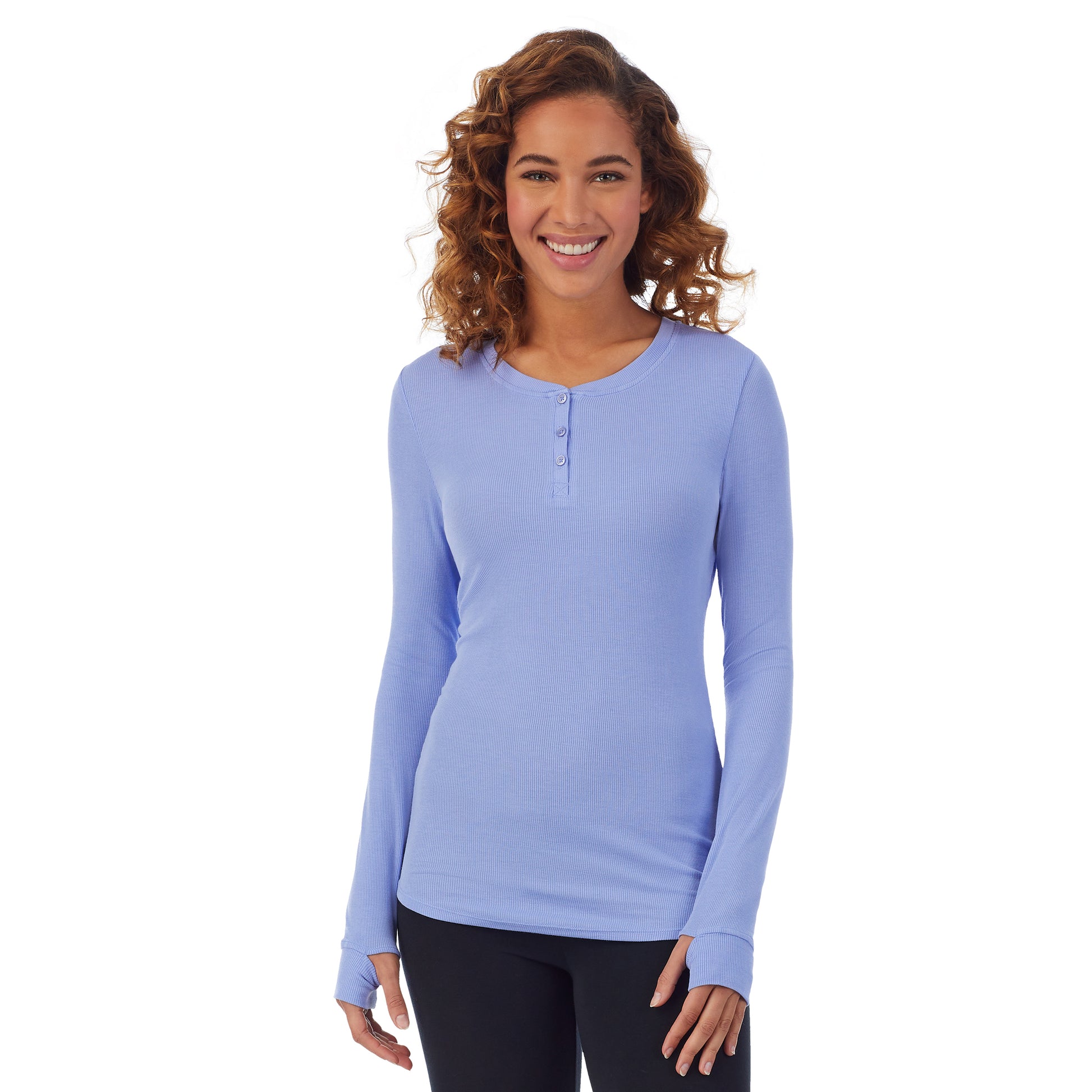 Peri Blue; Model is wearing size S. She is 5’9”, Bust 34”, Waist 23”, Hips 35”. @A lady wearing a peri blue ribbed long sleeve henley.
