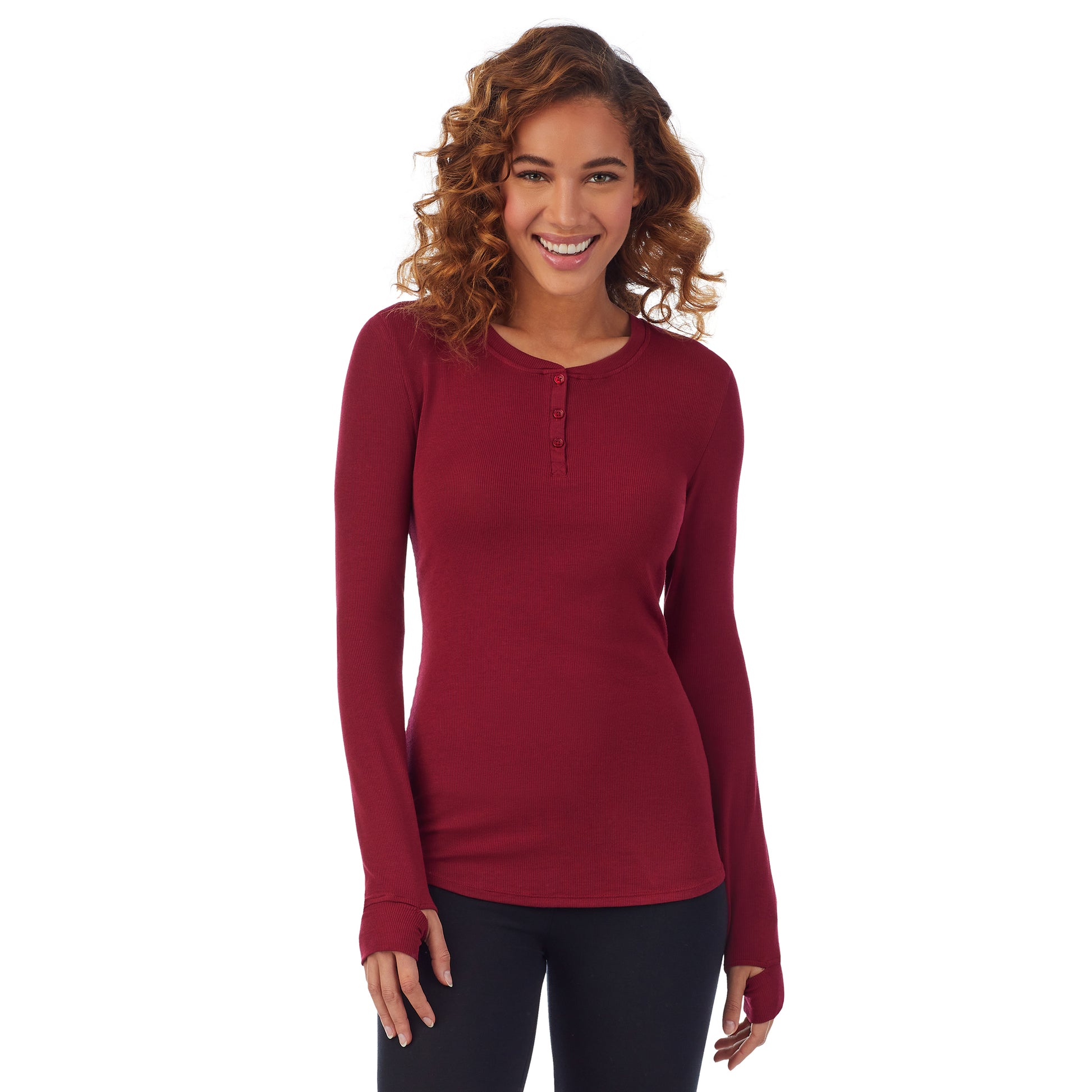 Rhubarb; Model is wearing size S. She is 5’9”, Bust 34”, Waist 23”, Hips 35”. @A lady wearing a rhubarb ribbed long sleeve henley.