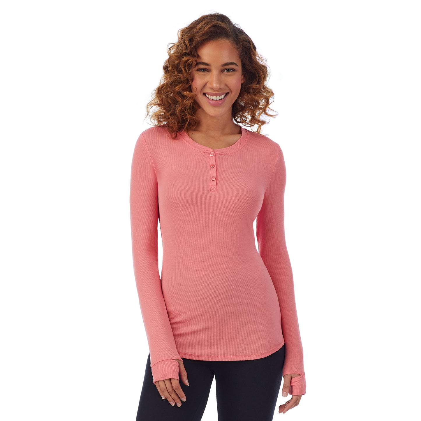 Bright Coral; Model is wearing size S. She is 5’9”, Bust 34”, Waist 23”, Hips 35”. @A lady wearing a bright coral ribbed long sleeve henley.