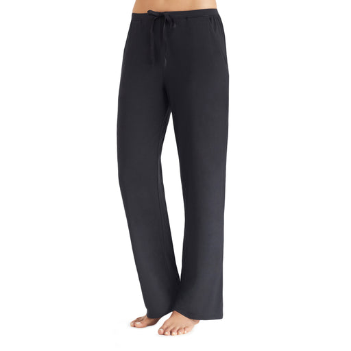 A lady wearing a black stretch lounge pant.