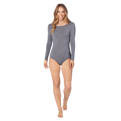 Charcoal Heather; Model is wearing size S. She is 5’9”, Bust 32”, Waist 25.5”, Hips 36”. @A lady wearing a charcoal heather long sleeve stretch bodysuit.