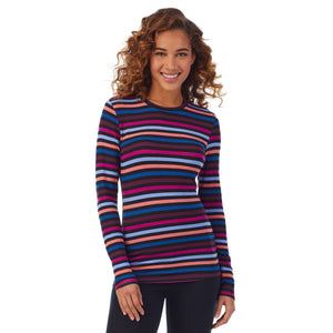 A lady wearing a multi stripe long sleeve stretch crew PETITE.