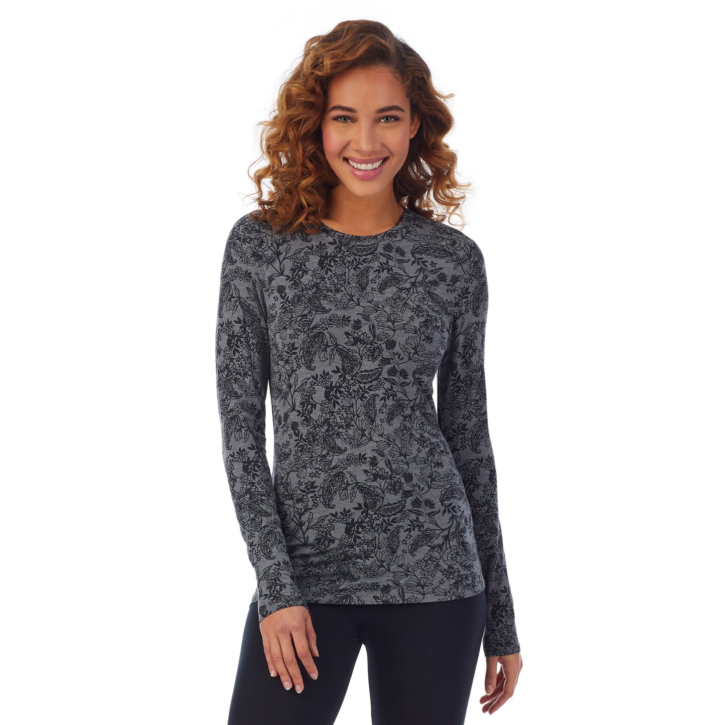 Heather Grey Paisley; Model is wearing size S. She is 5’9”, Bust 34”, Waist 23”, Hips 35”. @A lady wearing a heather grey paisley long sleeve stretch crew PETITE.
