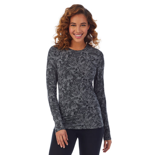 Heather Grey Paisley; Model is wearing size S. She is 5’9”, Bust 34”, Waist 23”, Hips 35”. @A lady wearing a heather grey paisley long sleeve stretch crew PETITE.
