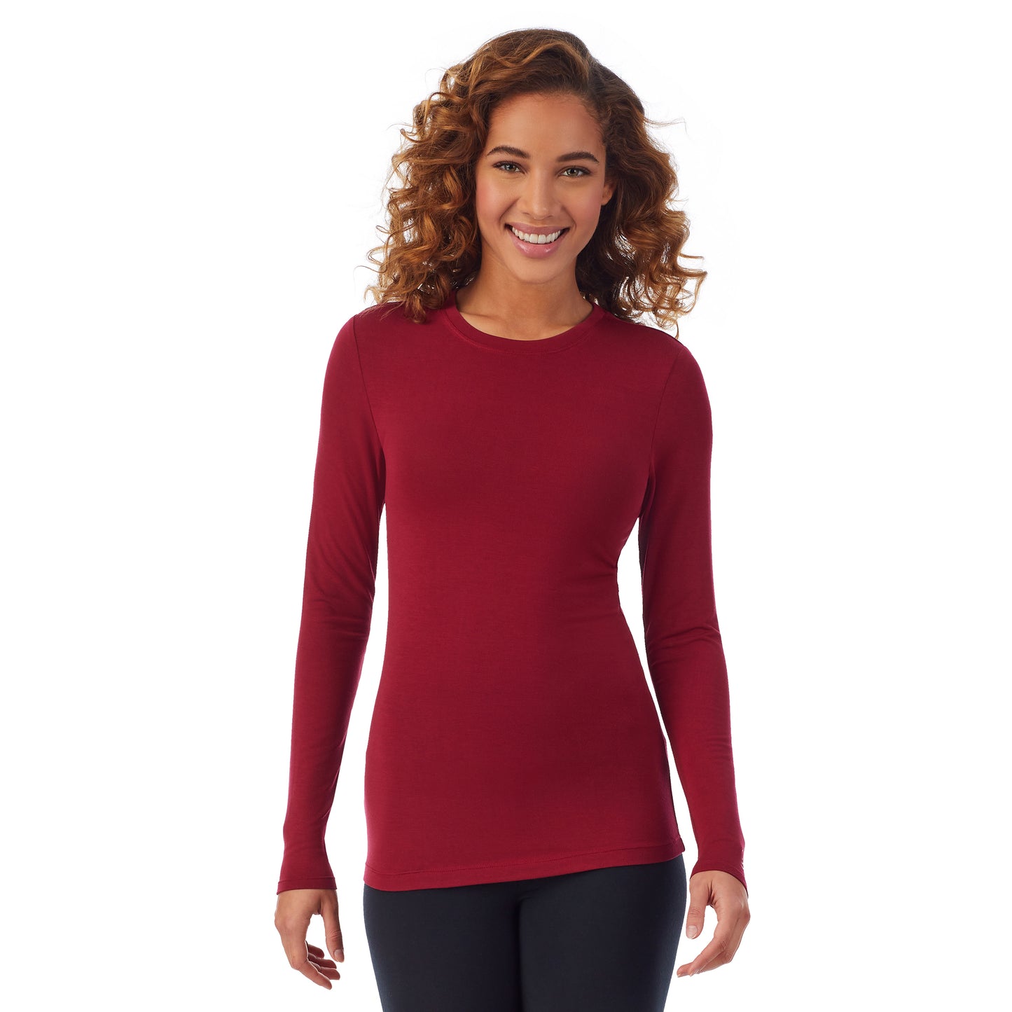  Rhubarb; Model is wearing size S. She is 5’9”, Bust 34”, Waist 23”, Hips 35”. @A lady wearing a rhubarb long sleeve stretch crew PETITE.