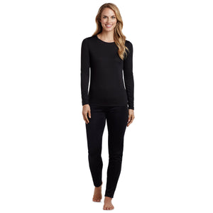 A lady wearing black long sleeve crew top