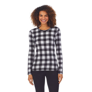 Upper body of a lady wearing grey buffalo long sleeve crew