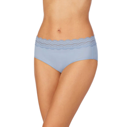 Faded Denim;Model is wearing a size S. She is 5' 10", Bust 34", Waist 26", Hips 38"@A lady wearing Faded Denim smooth brief panty with lace.