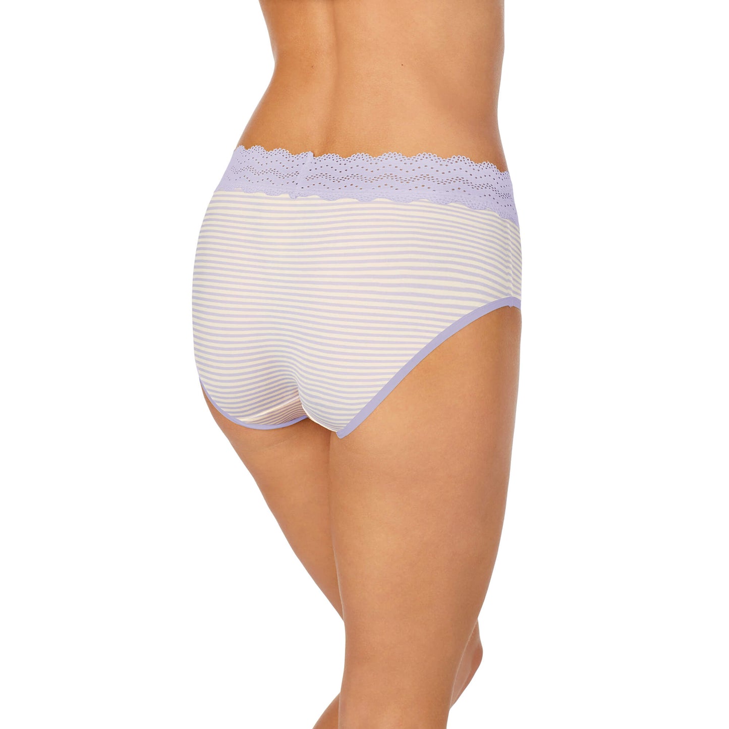 Lavender Stripe;Model is wearing a size S. She is 5' 10", Bust 34", Waist 26", Hips 38"@A lady wearing  Lavender Stripe smooth brief panty with lace.