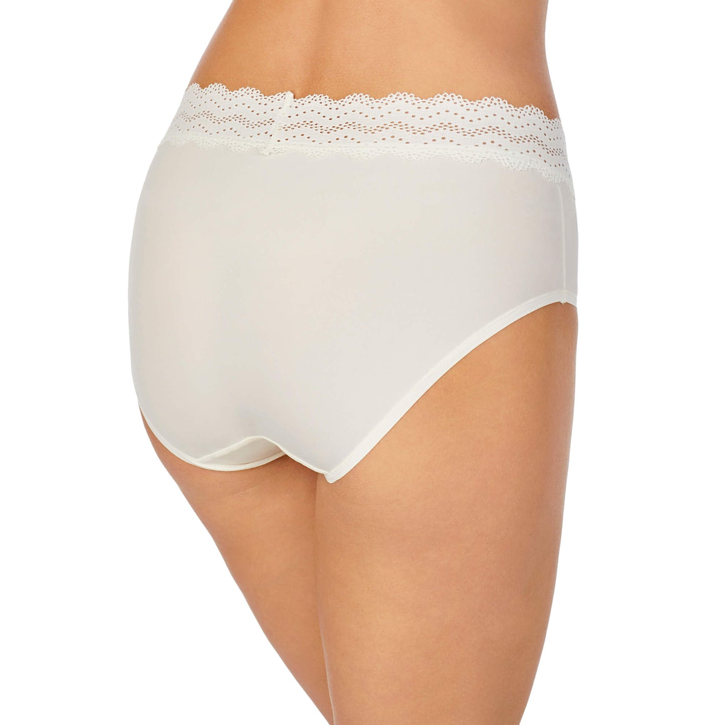 Whisper;Model is wearing a size S. She is 5' 10", Bust 34", Waist 26", Hips 38"@A lady wearing  Whispers mooth brief panty with lace.