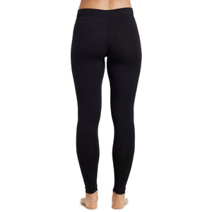 A lady wearing a black stretch legging petite.