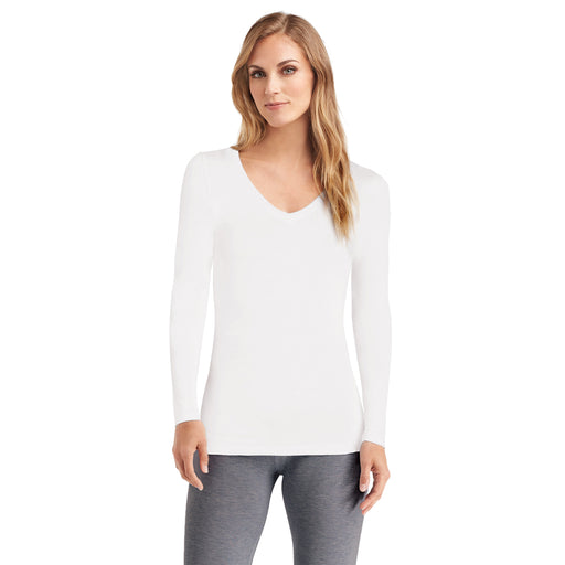 Ivory; Model is wearing size S. She is 5’9”, Bust 32”, Waist 25.5”, Hips 36”. @A lady wearing a ivory long sleeve stretch V-neck PETITE.