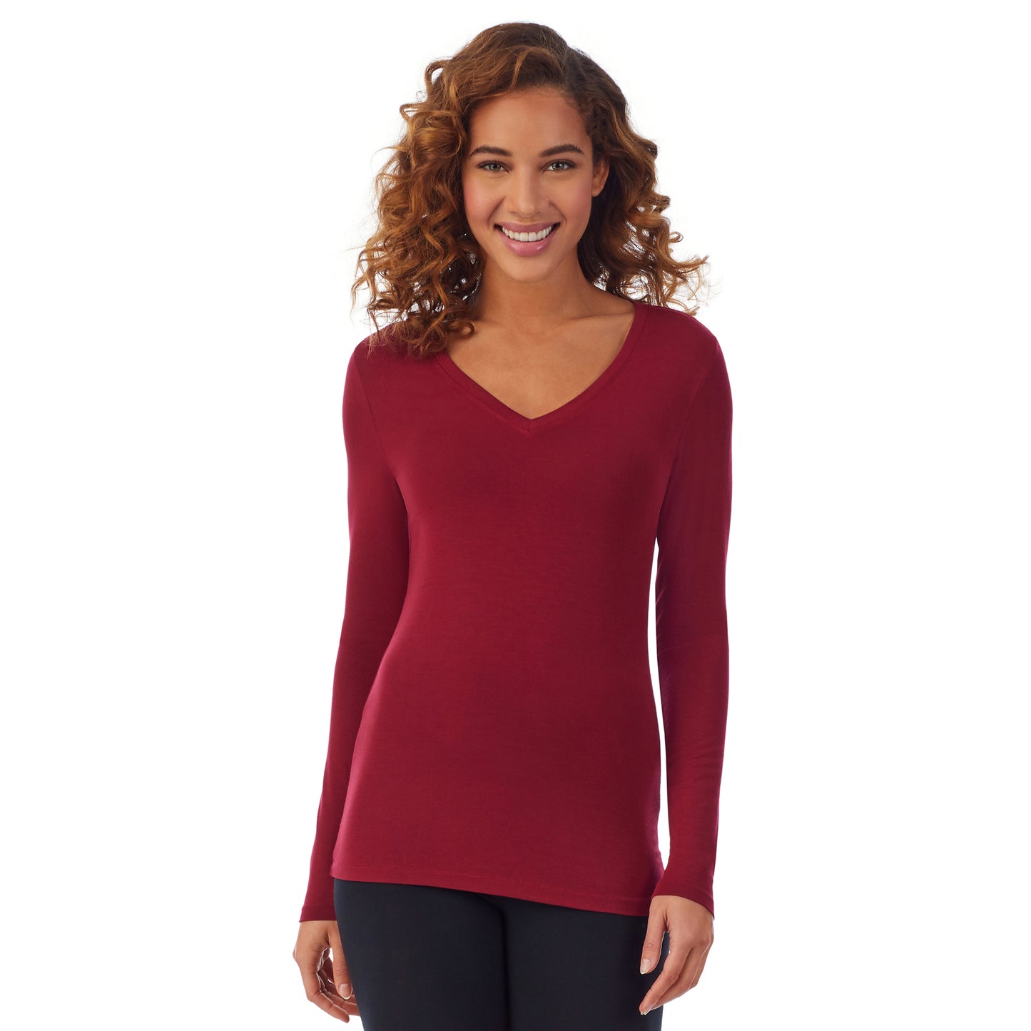 Rhubarb; Model is wearing size S. She is 5’9”, Bust 34”, Waist 23”, Hips 35”. @A lady wearing a rhubarb long sleeve stretch V-neck PETITE.