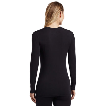 Black; Model is wearing size S. She is 5’9”, Bust 32”, Waist 25.5”, Hips 36”.@A lady wearing a black long sleeve stretch crew tall.