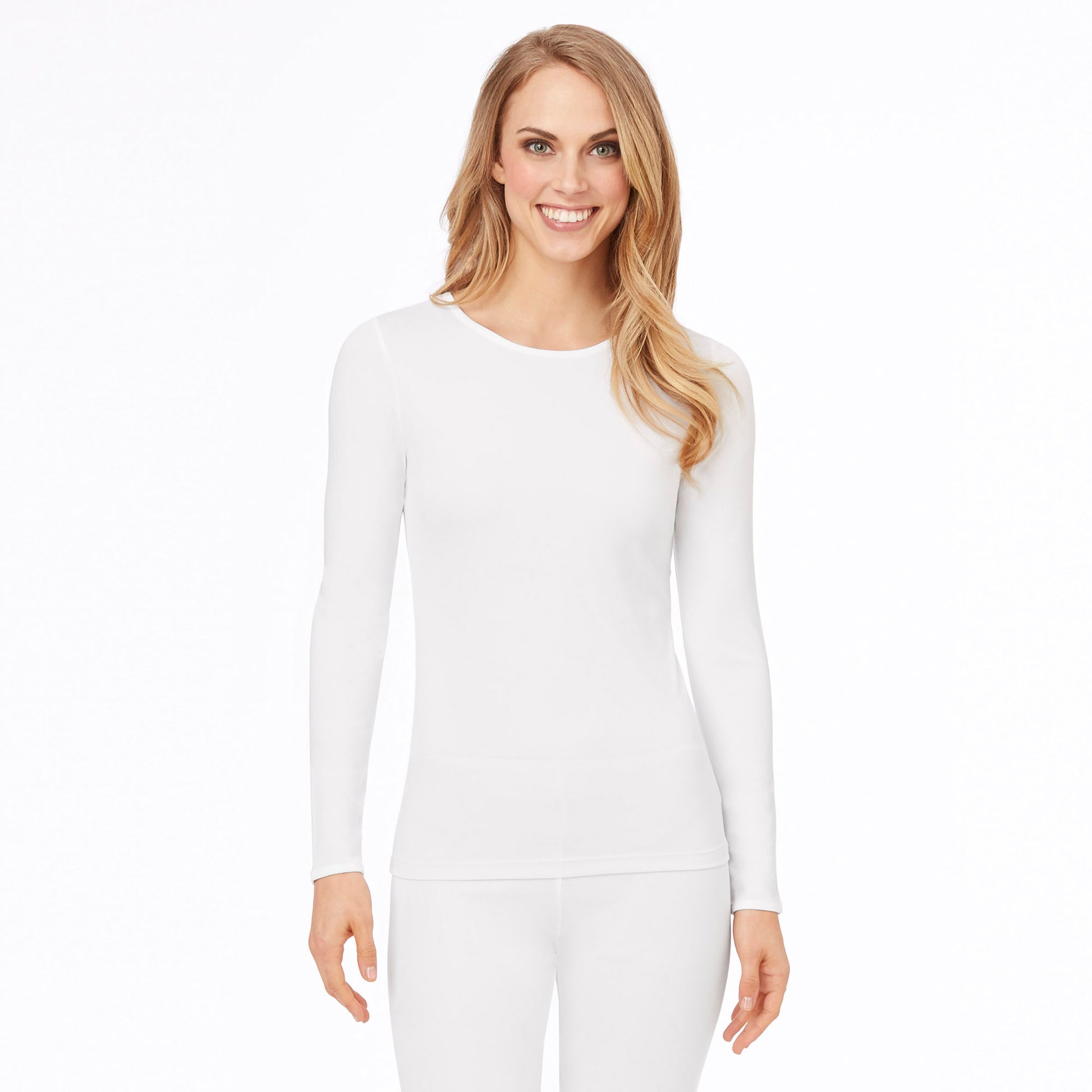 White; Model is wearing size S. She is 5’9”, Bust 32”, Waist 25.5”, Hips 36”.@upper body of A lady wearing white long sleeve crew top