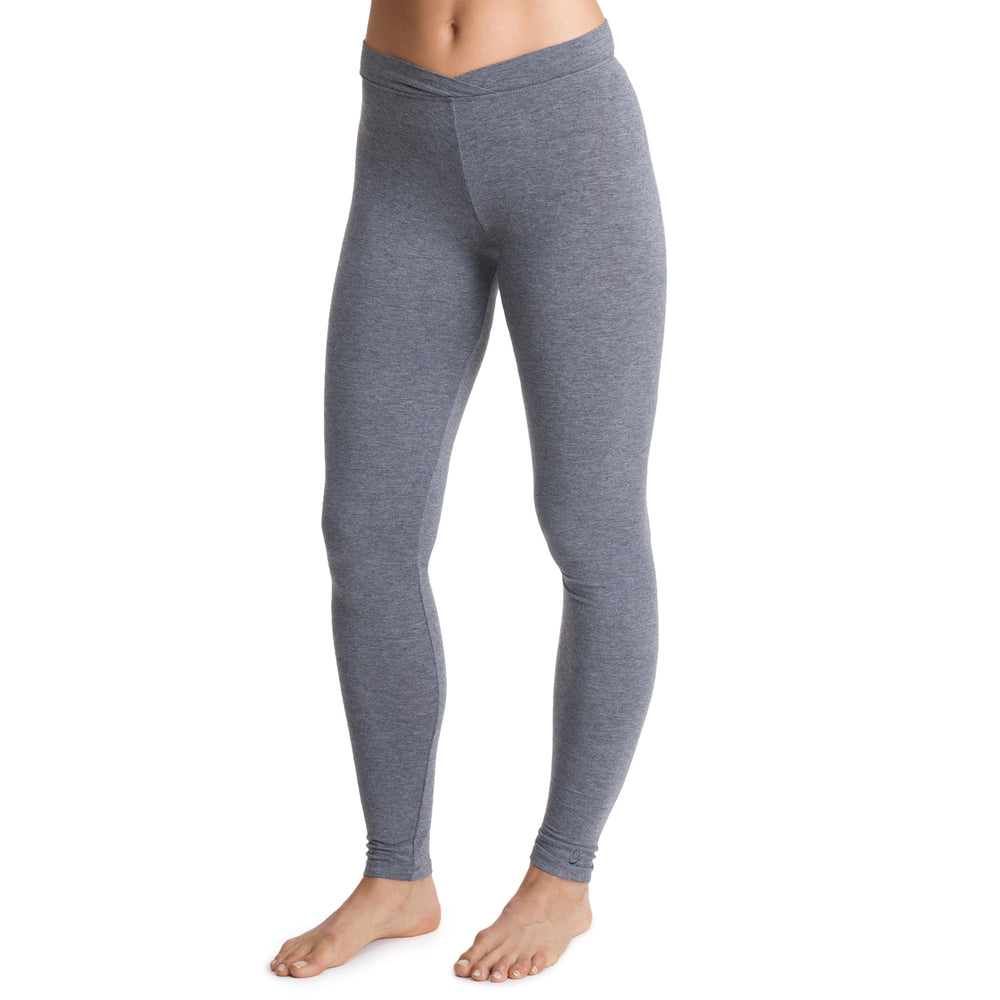 A lady wearing a charcoal heather stretch legging tall.