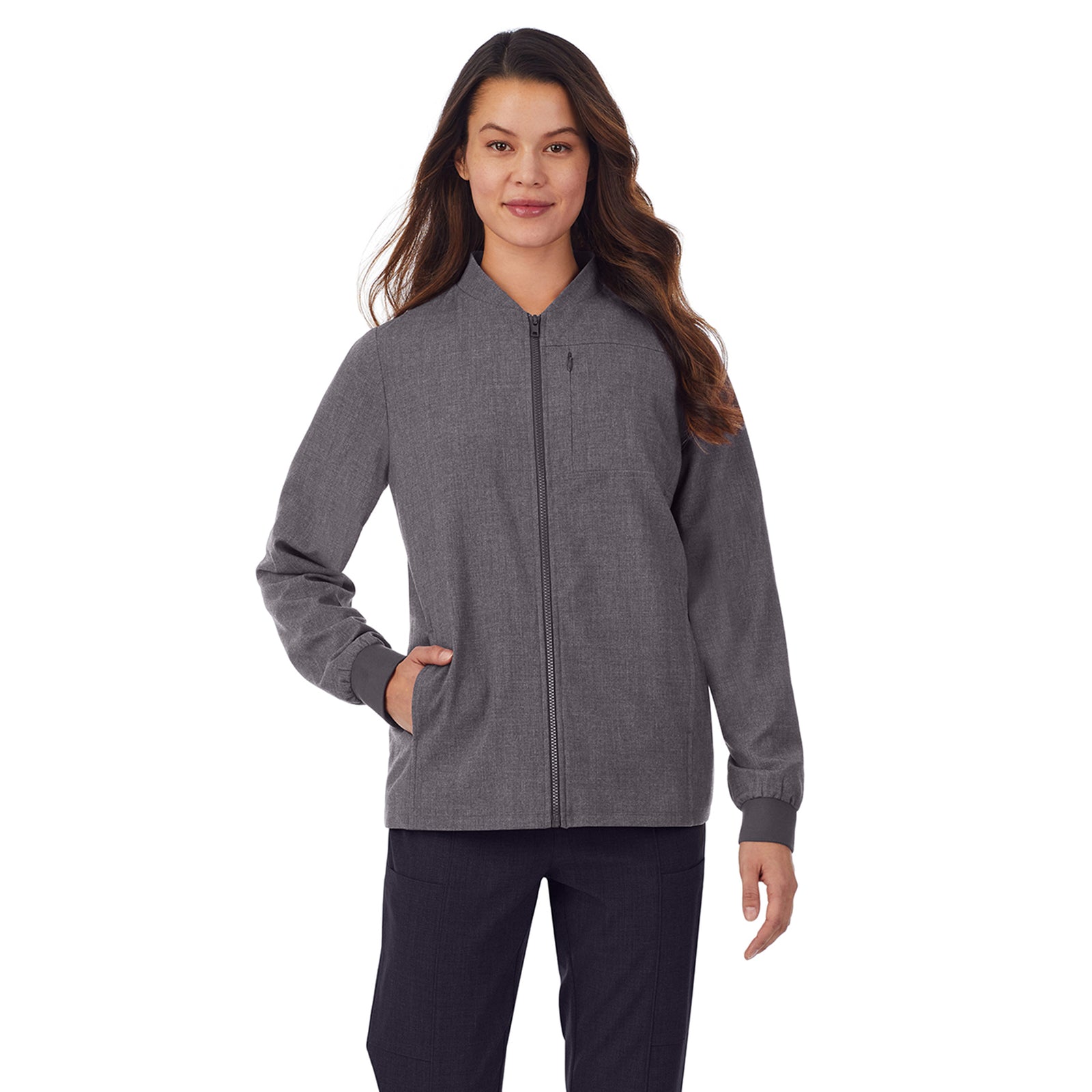 Black; Model is wearing size S. She is 5’9”, Bust 34”, Waist 25”, Hips 35”@A lady wearing black scrub jacket
