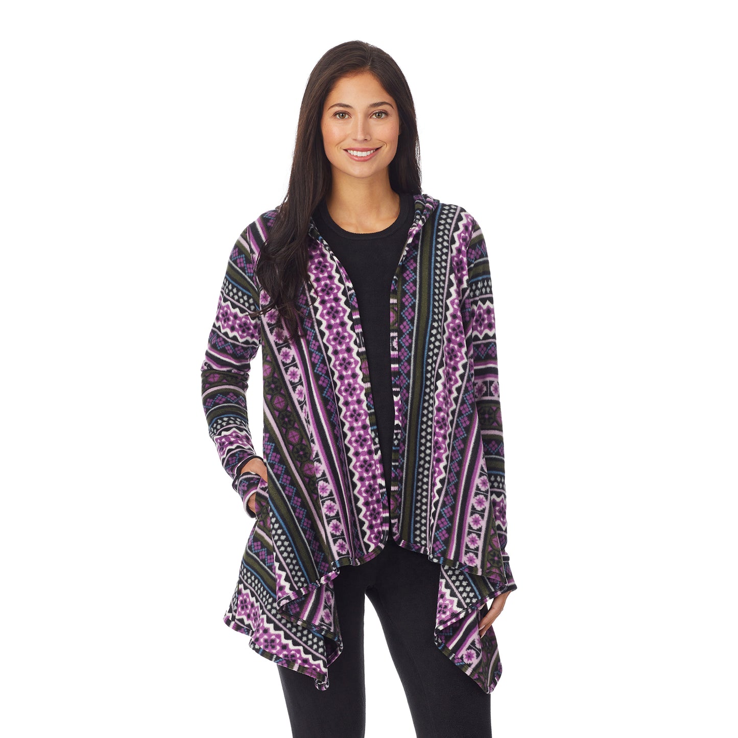 Purple Green Fairisle;Model is wearing size S. She is 5'8.5", Bust 32", Waist 25", Hips 36".