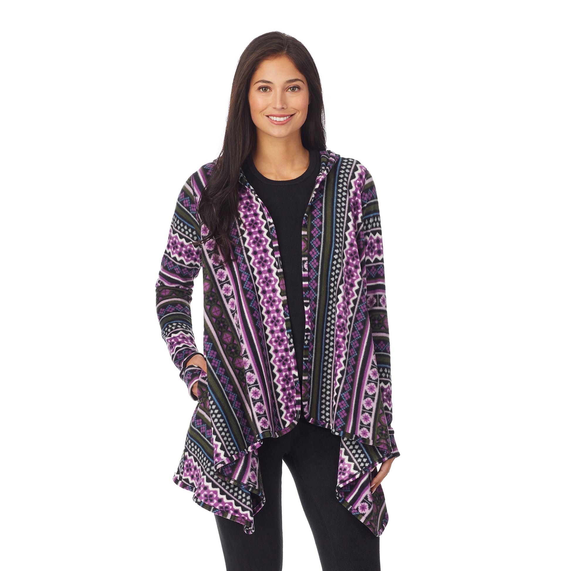 Purple Green Fairisle;Model is wearing size S. She is 5&#39;8.5&quot;, Bust 32&quot;, Waist 25&quot;, Hips 36&quot;.