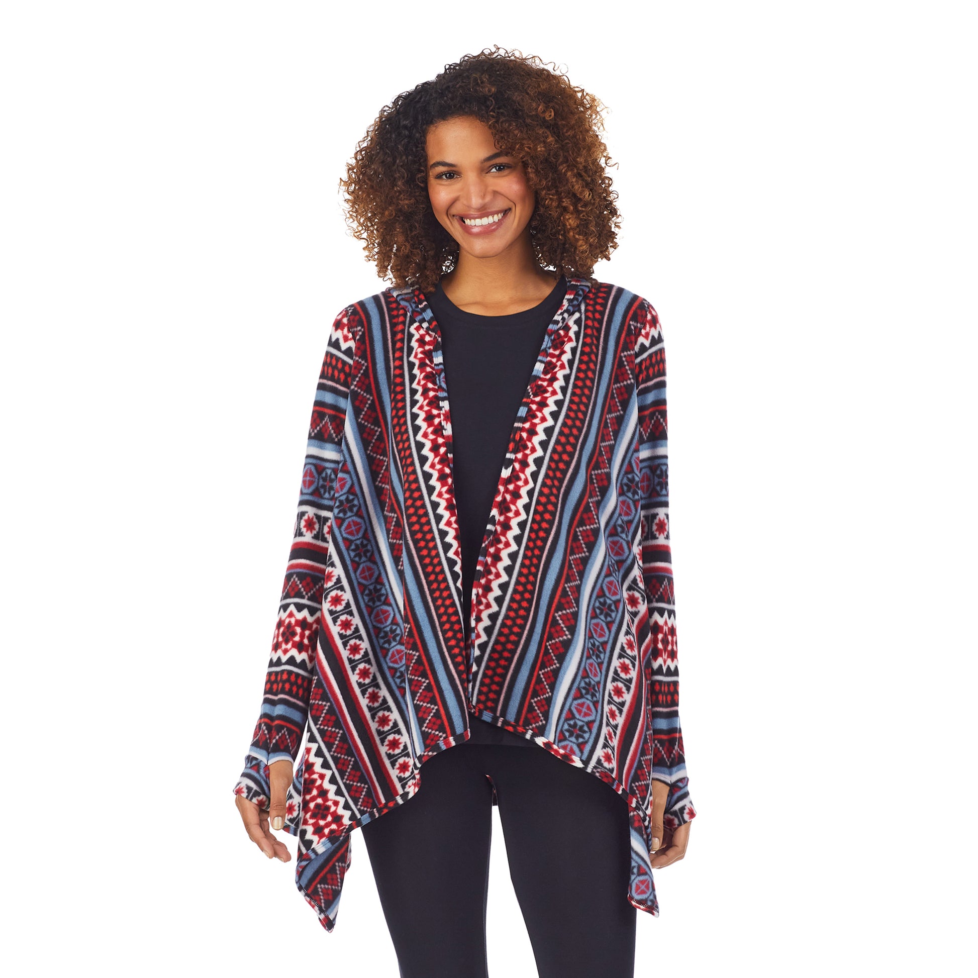 Red Blue Fair Isle;Model is wearing size S. She is 5&#39;11&quot;, Bust 32&quot;, Waist 25&quot;, Hips 35.