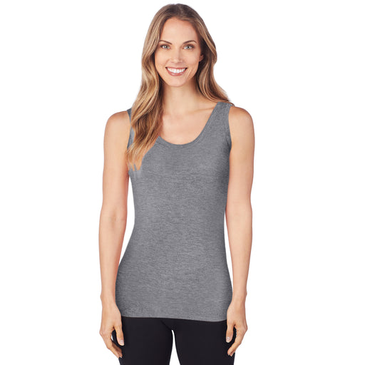 Charcoal Heather; Model is wearing size S. She is 5’9”, Bust 32”, Waist 25.5”, Hips 36”. @A lady wearing a charcoal heather sleeveless reversible tank.