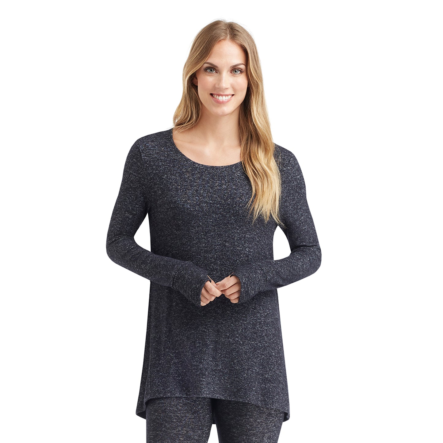 Marled Dark Charcoal; Model is wearing size S. She is 5’9”, Bust 32”, Waist 25.5”, Hips 36”. @A lady wearing a marled dark  charcoal long sleeve tunic.
