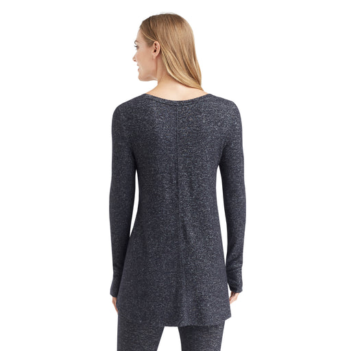 Marled Dark Charcoal; Model is wearing size S. She is 5’9”, Bust 32”, Waist 25.5”, Hips 36”. @A lady wearing a marled dark  charcoal long sleeve tunic.