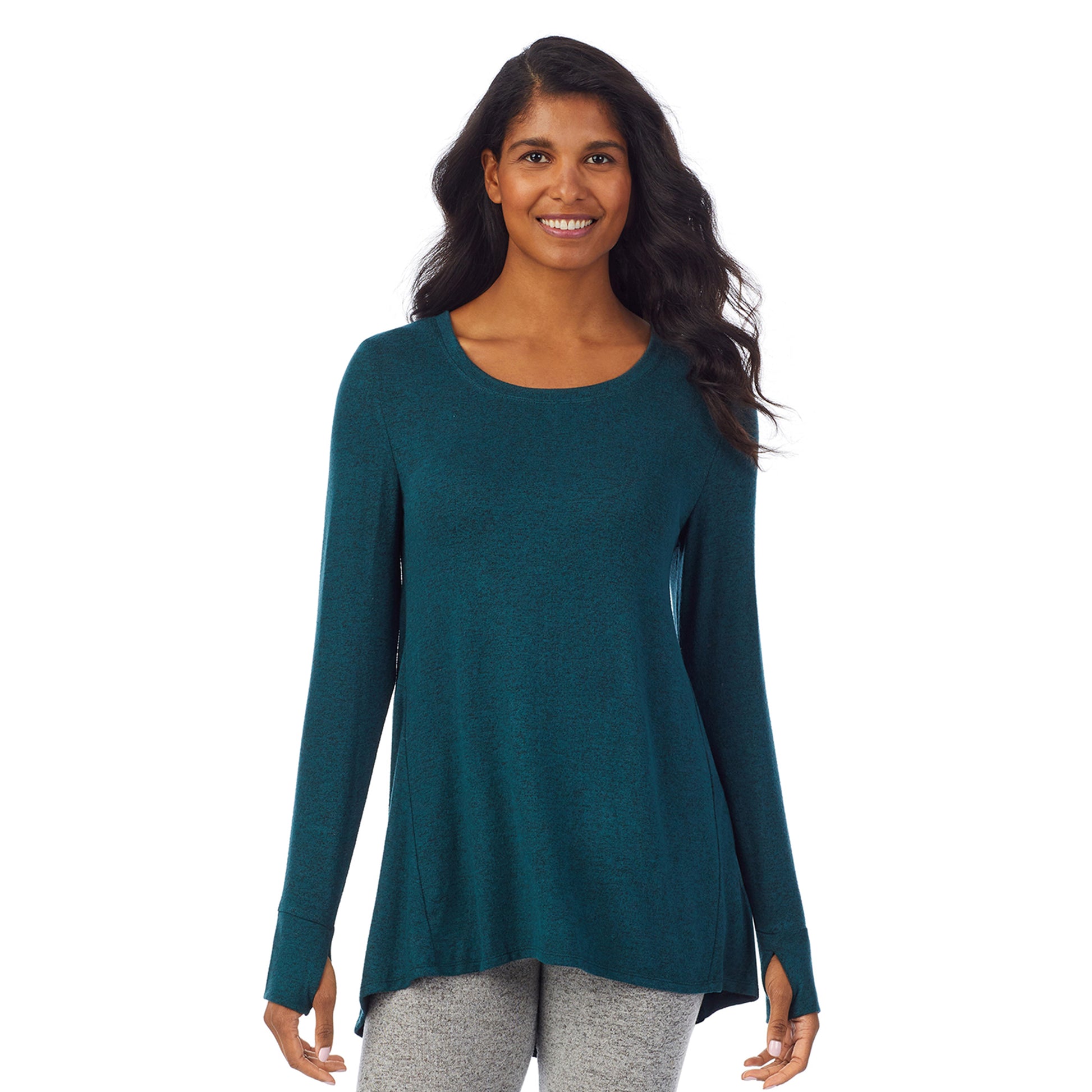 Marled Viridian Green; Model is wearing size S. She is 5’10”, Bust 34”, Waist 24”, Hips 34”. @A lady wearing a marled viridian green long sleeve tunic.