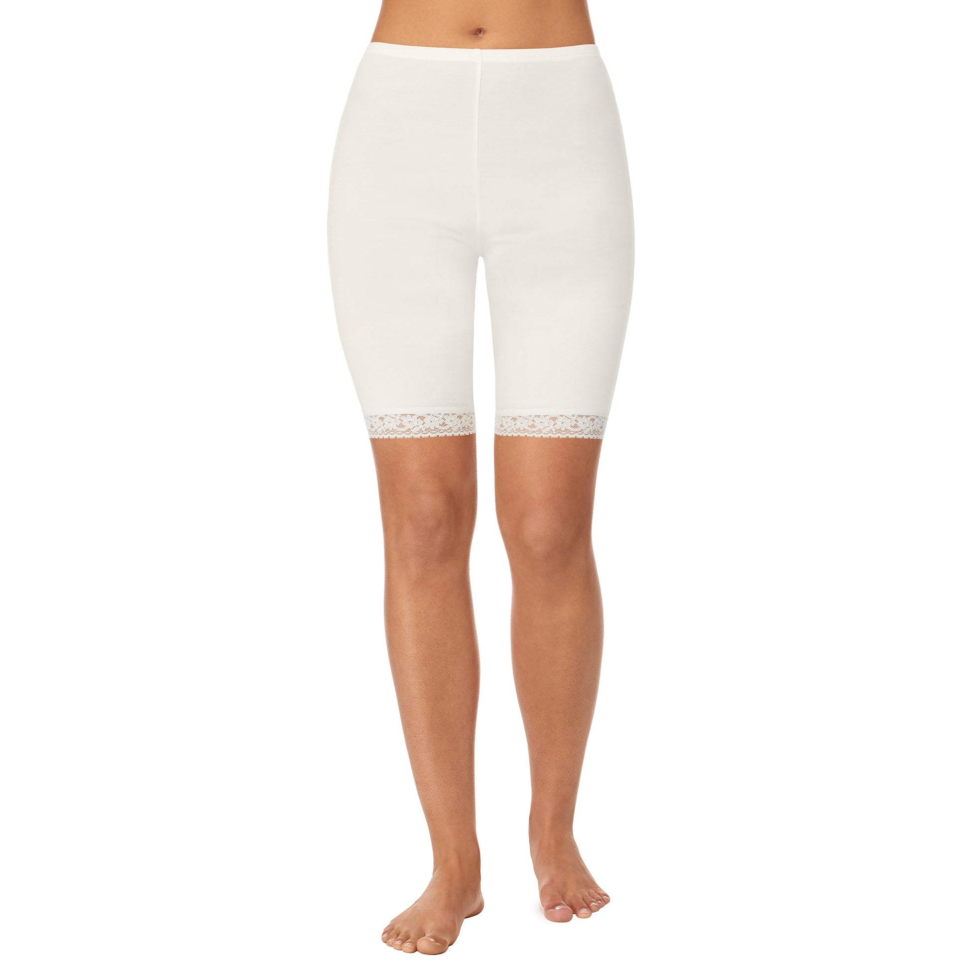  Ivory;Model is wearing size S. She is 5’9”, Bust 32”, Waist 25.5”, Hips 36”. @A lady wearing a white lace edge short.