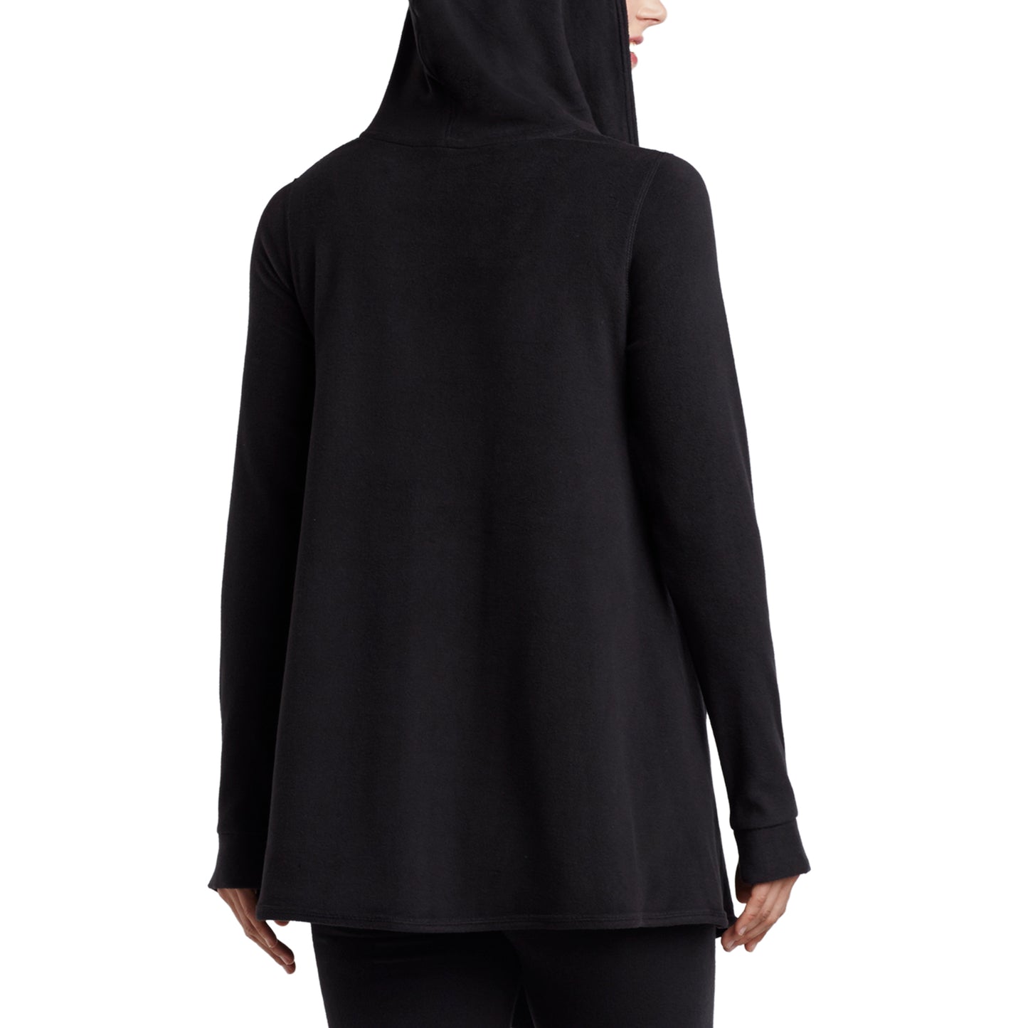 Black; Model is wearing size S. She is 5’9”, Bust 32”, Waist 25.5”, Hips 36”.@Upper body of a lady wearing long sleeve black hooded wrap
