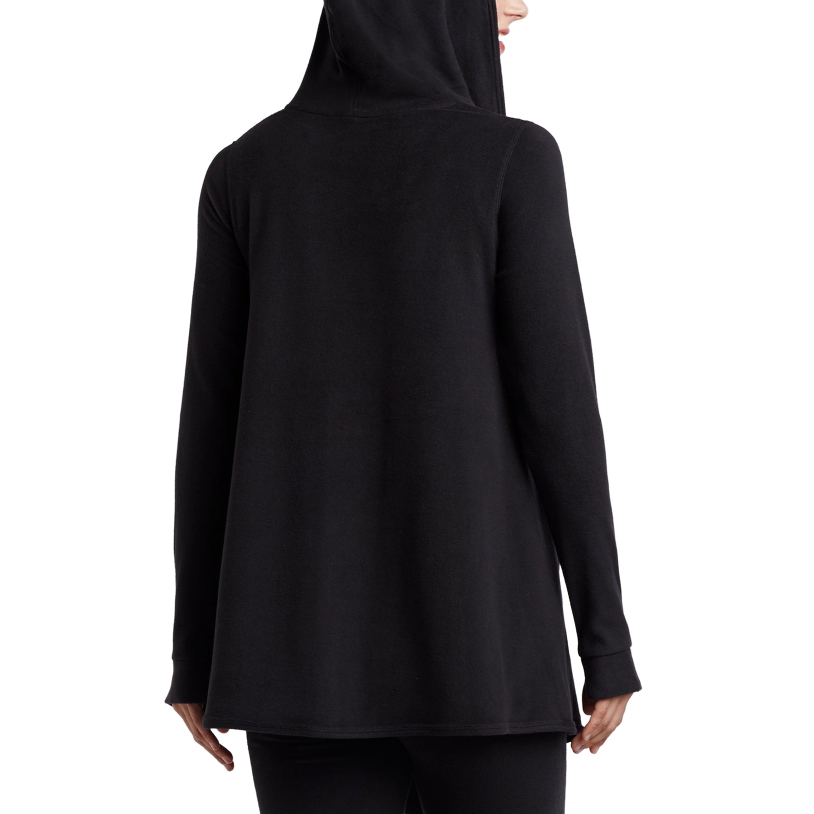 Black; Model is wearing size S. She is 5’9”, Bust 32”, Waist 25.5”, Hips 36”.@Upper body of a lady wearing long sleeve black hooded wrap  !59% Polyester, 35% Recycled Polyester, 6% Spandex!