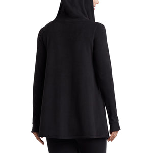 Upper body of a lady wearing long sleeve black hooded wrap !59% Polyester, 35% Recycled Polyester, 6% Spandex!